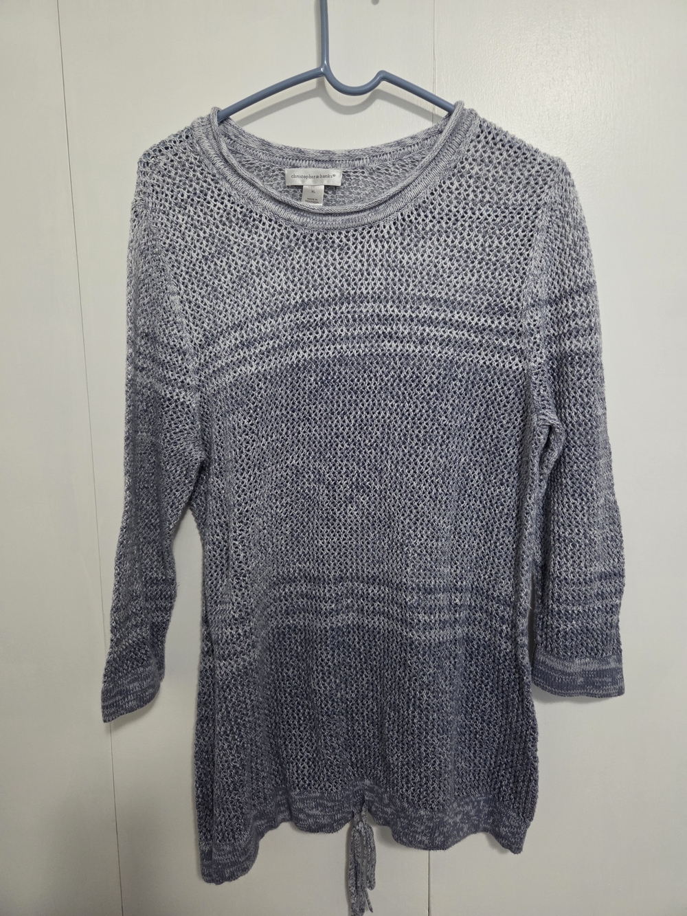 Christopher & Banks Light Heather Gray/Blue Open-Weave Crewneck Sweater